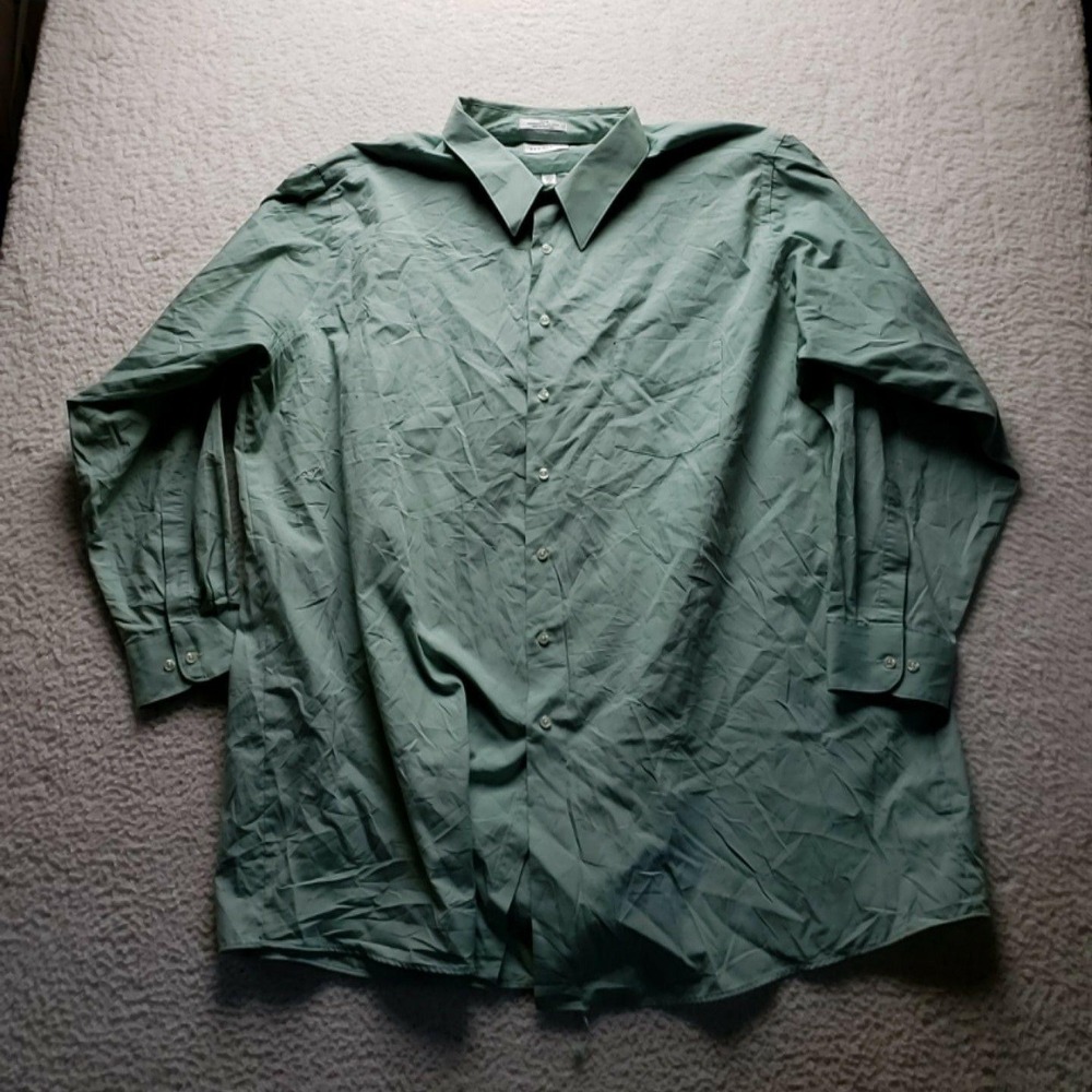 Van Heusen Dress Shirt Mens 20 Green Solid Classic Fit Tall Wrinkle Free LS